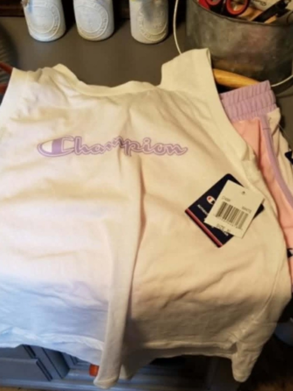 Champion Light Pink Tank with Lavender Logo And Matching Shorts